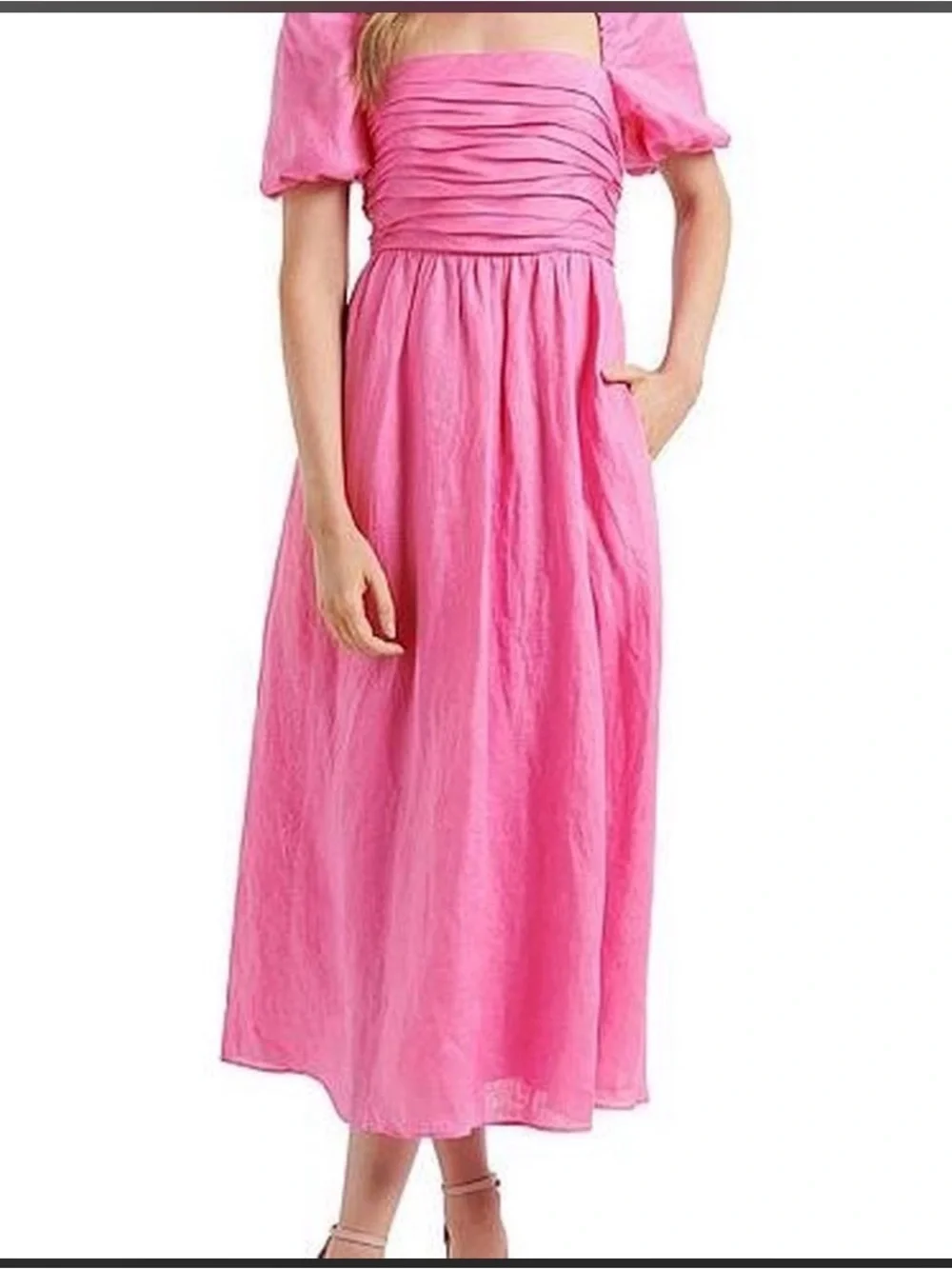 Pink Puff-Sleeve Square Neck Midi Dress